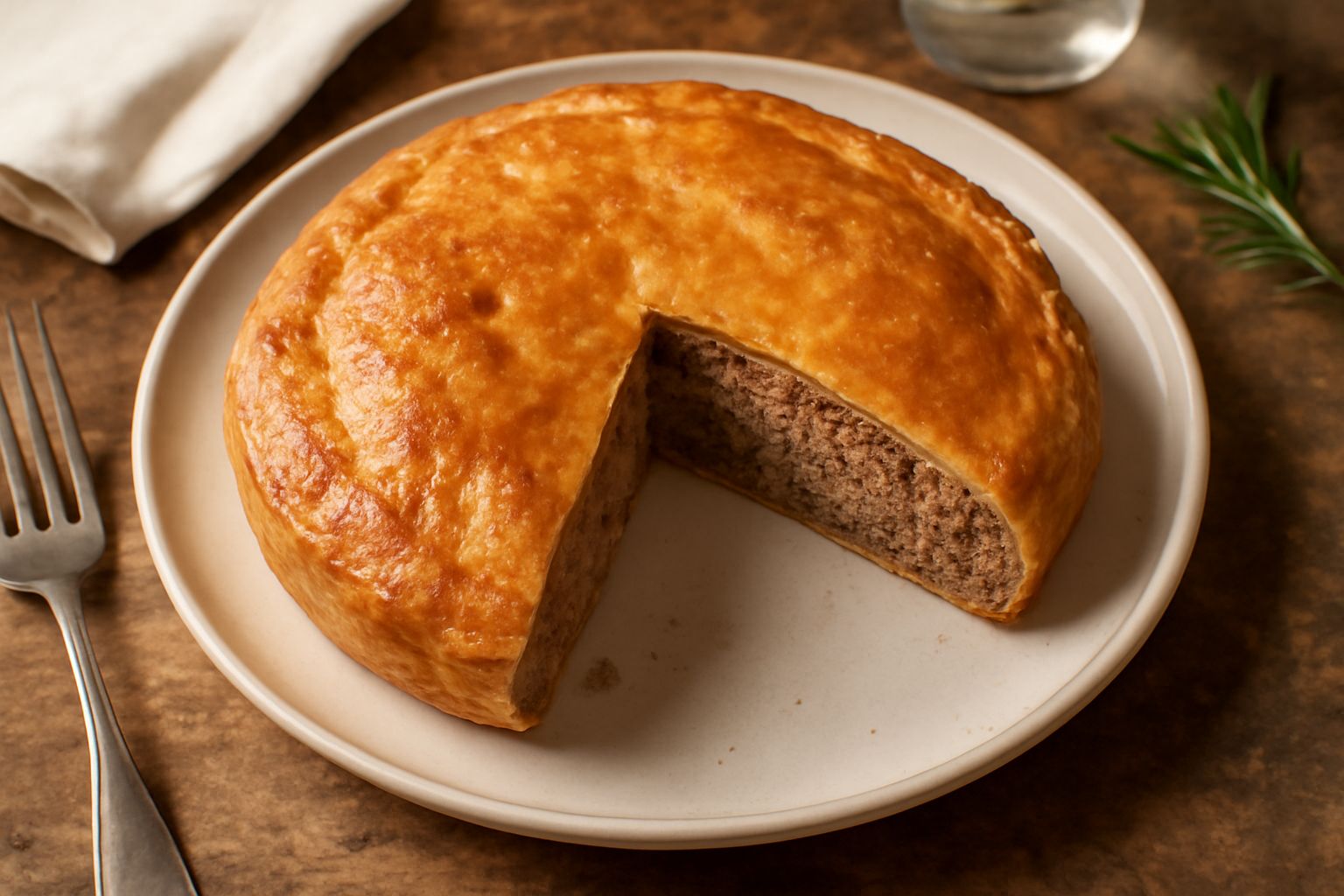 Torta di porchetta intera e ancora calda, con taglio di impasto dorato e ripieno di carne macinata visibile, su un piatto di ceramica bianca, contorno di insalata fresca verde