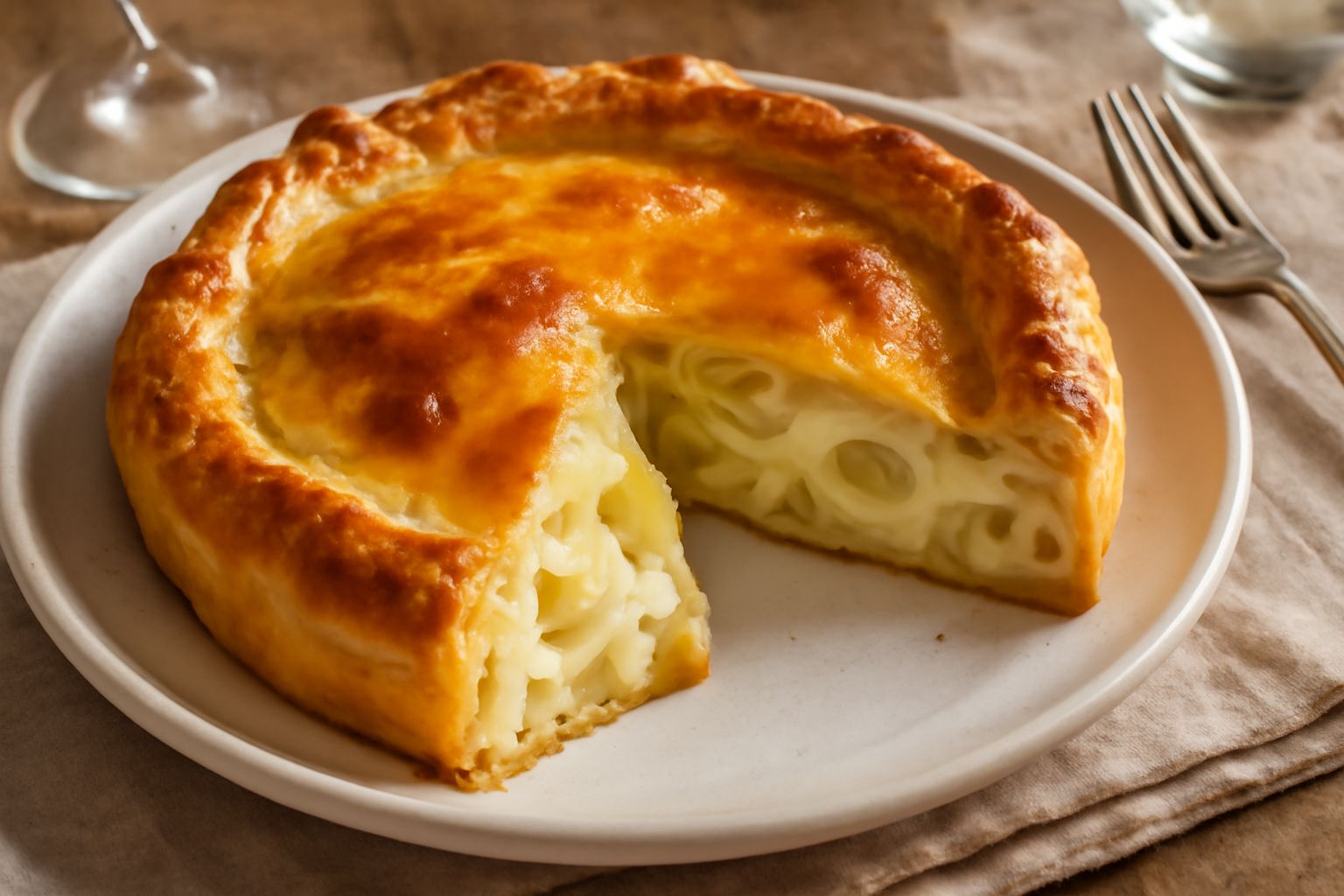 Torta di porri tagliata e servita nel piatto: pasta sfoglia dorata e croccante, ripieno cremoso color avorio con fette di porro bianche e verdi ben visibili, impiattamento classico con fondo bianco