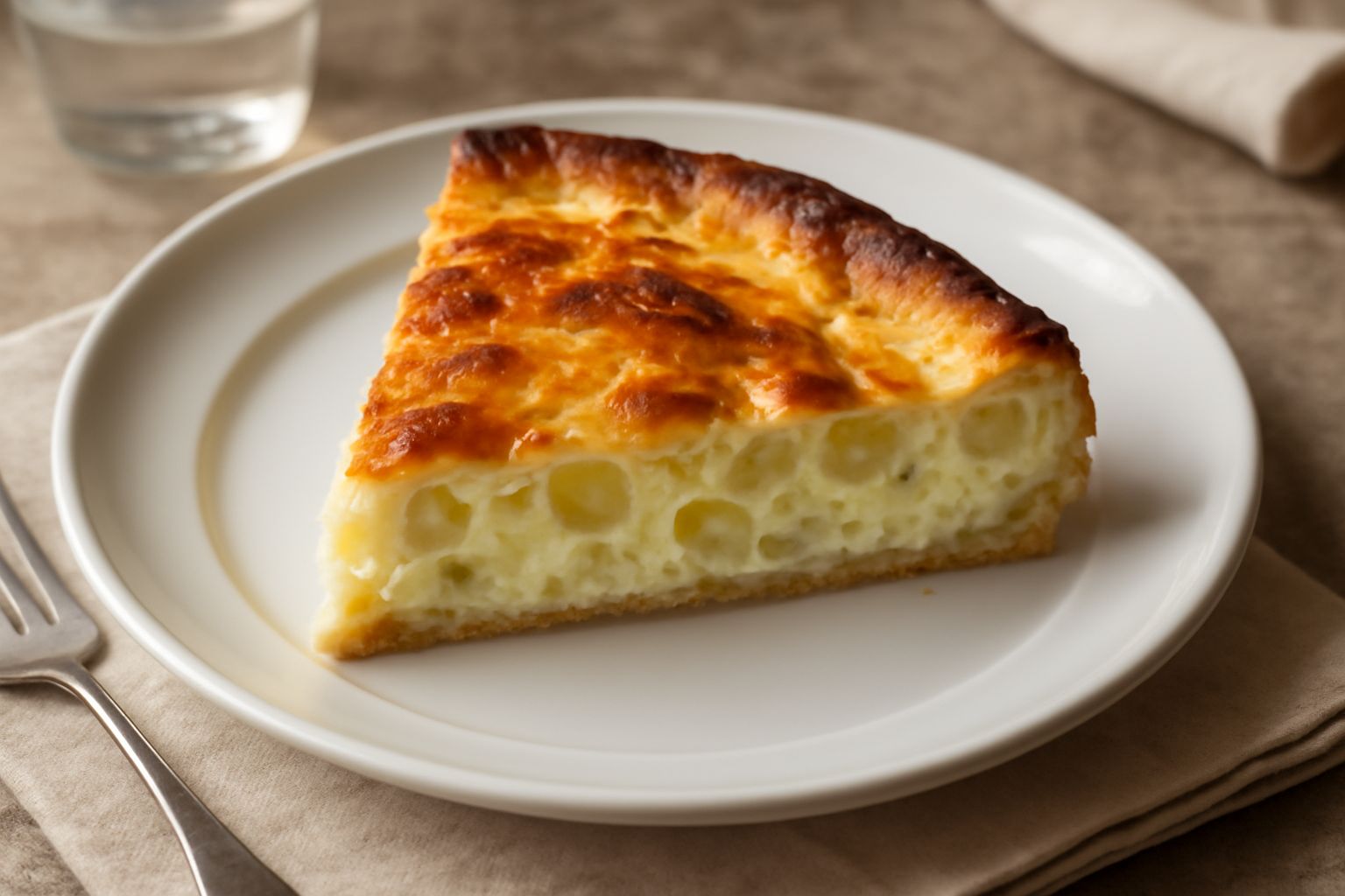 Torta di porri e formaggio appena sfornata, con pasta sfoglia dorata e croccante, fetta parzialmente tagliata che mostra il ripieno cremoso bianco e i porri morbidi all'interno, servita su piatto bian