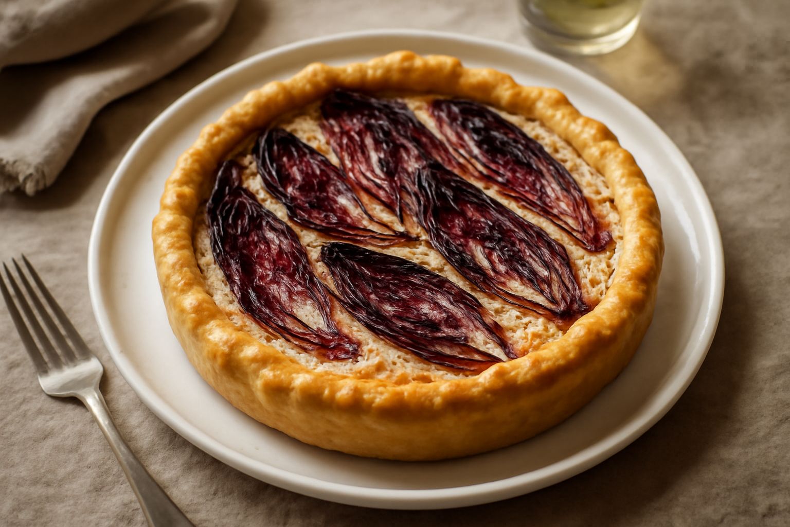 Torta di radicchio appena sfornata, con crosta dorata e bande rosse di radicchio caramellato visibili dalla sezione tagliata, servita su un piatto bianco con contorno di insalata verde