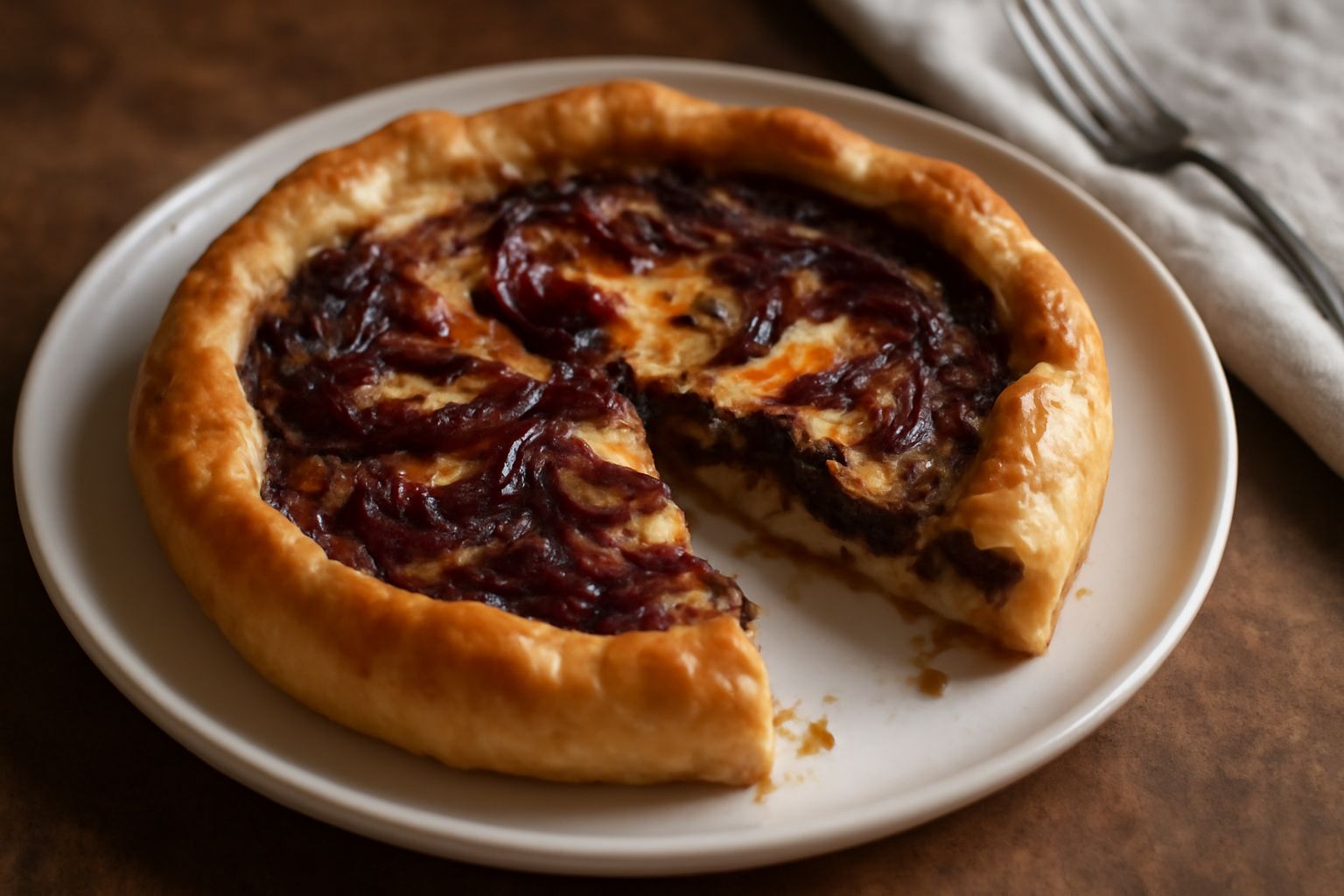 Torta di radicchio rosso affettata su piatto bianco, fetta dorata e croccante, ripieno di radicchio rosso scuro caramellato, contorno di insalata fresca verde