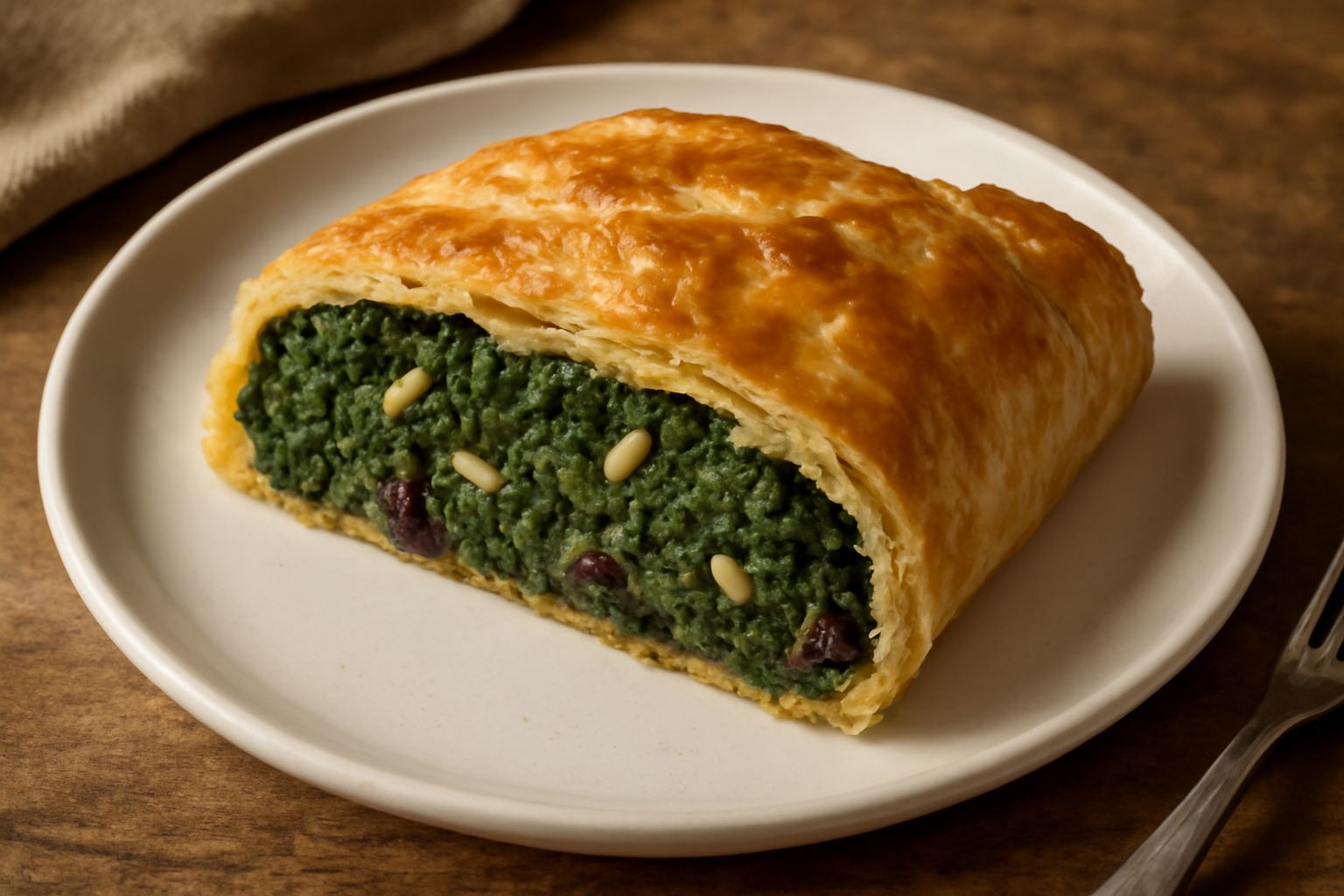 Fetta di torta di rapa appena tagliata, pasta sfoglia dorata e croccante, ripieno verde con rapa cotta visibile, pinoli e uvetta sparse, su piatto bianco con contorno di salsa verde leggera