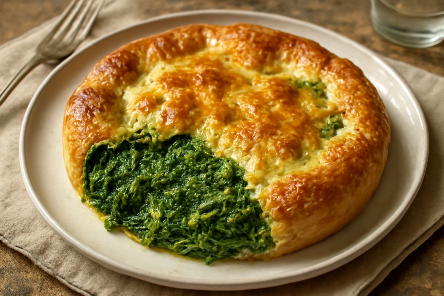 Torta di rapa e formaggio appena sfornata, con crosta dorata e superficie lievemente gonfia, spezzata per mostrare il ripieno di rapa verde scuro e formaggio cremoso, servita su un piatto bianco con u
