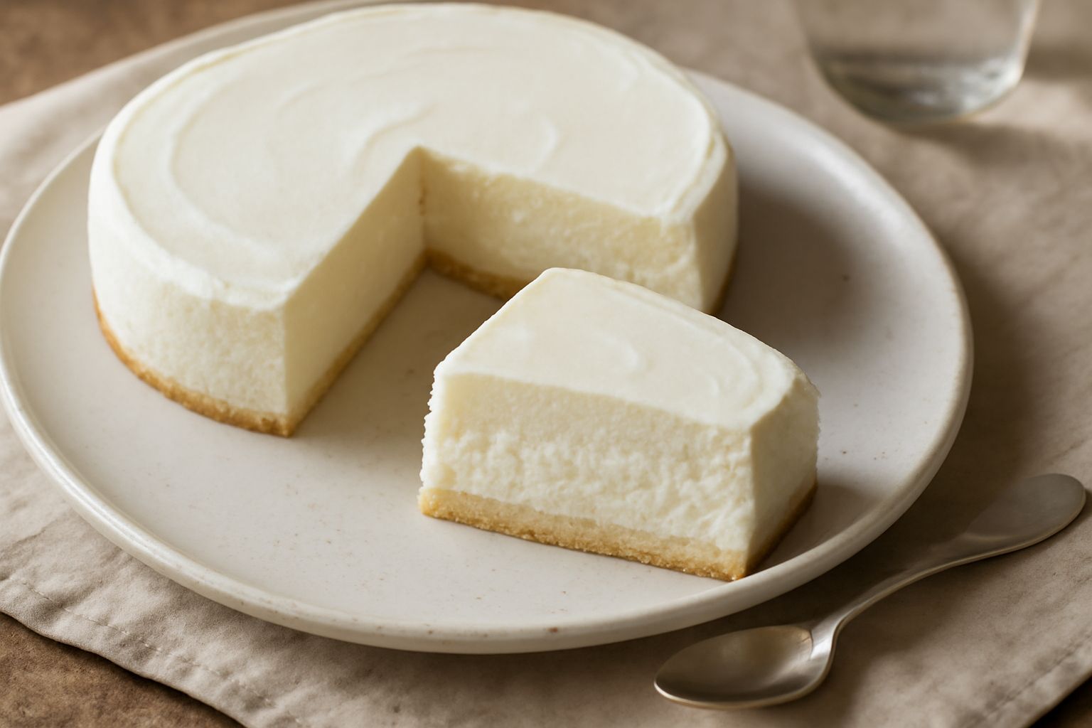 Torta di ricotta intera su vassoio di ceramica bianca, superficie liscia color avorio crema, fetta servita su piattino accanto con ricotta che si vede nei tagli, zucchero a velo spolverato sopra, tavo