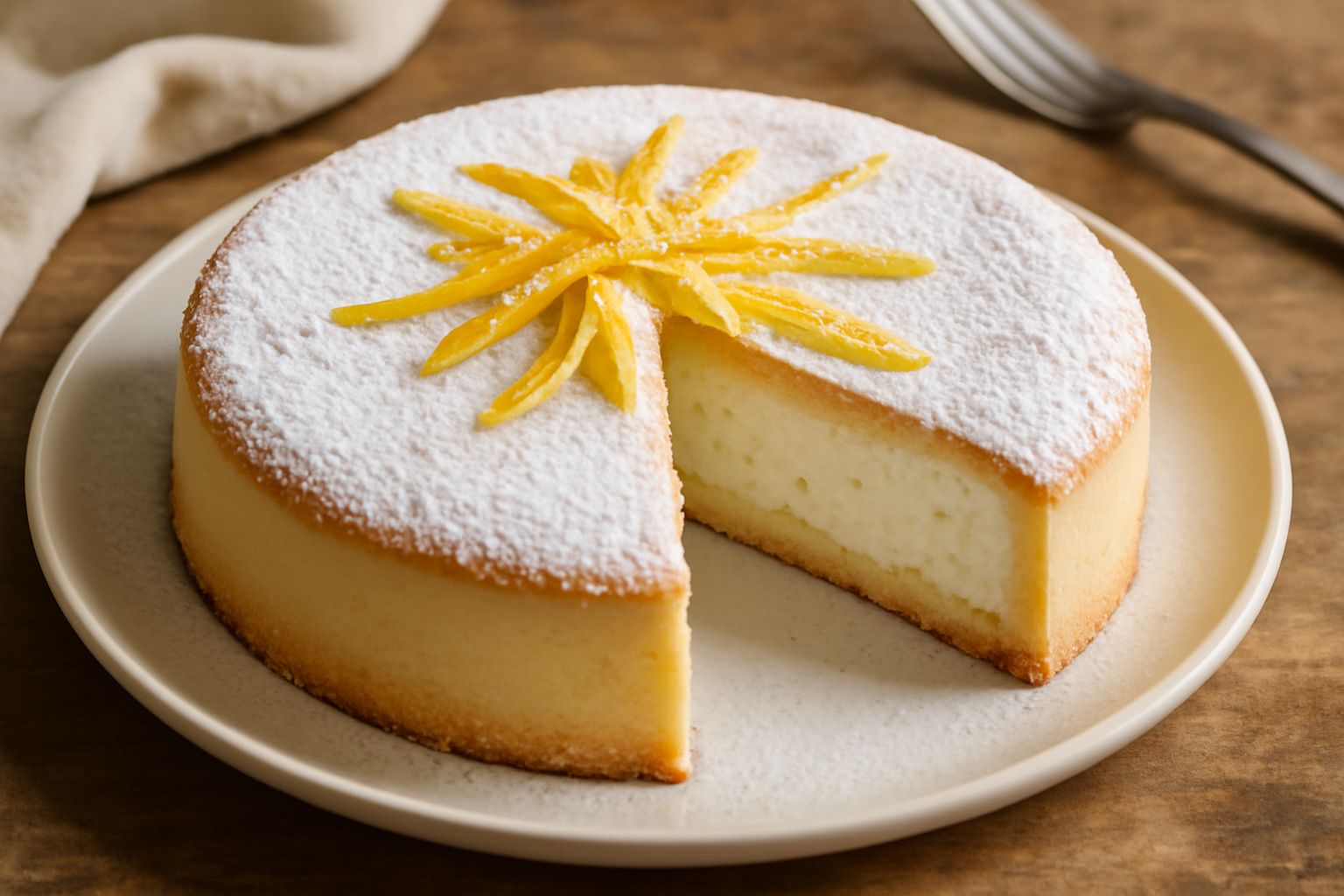 Torta rotonda con superficie cremosa beige, solcata da zeste di bergamotta candite disposte a raggiera, decorata con una sottile spolverata di zucchero a velo bianco, presentata su un piatto bianco co