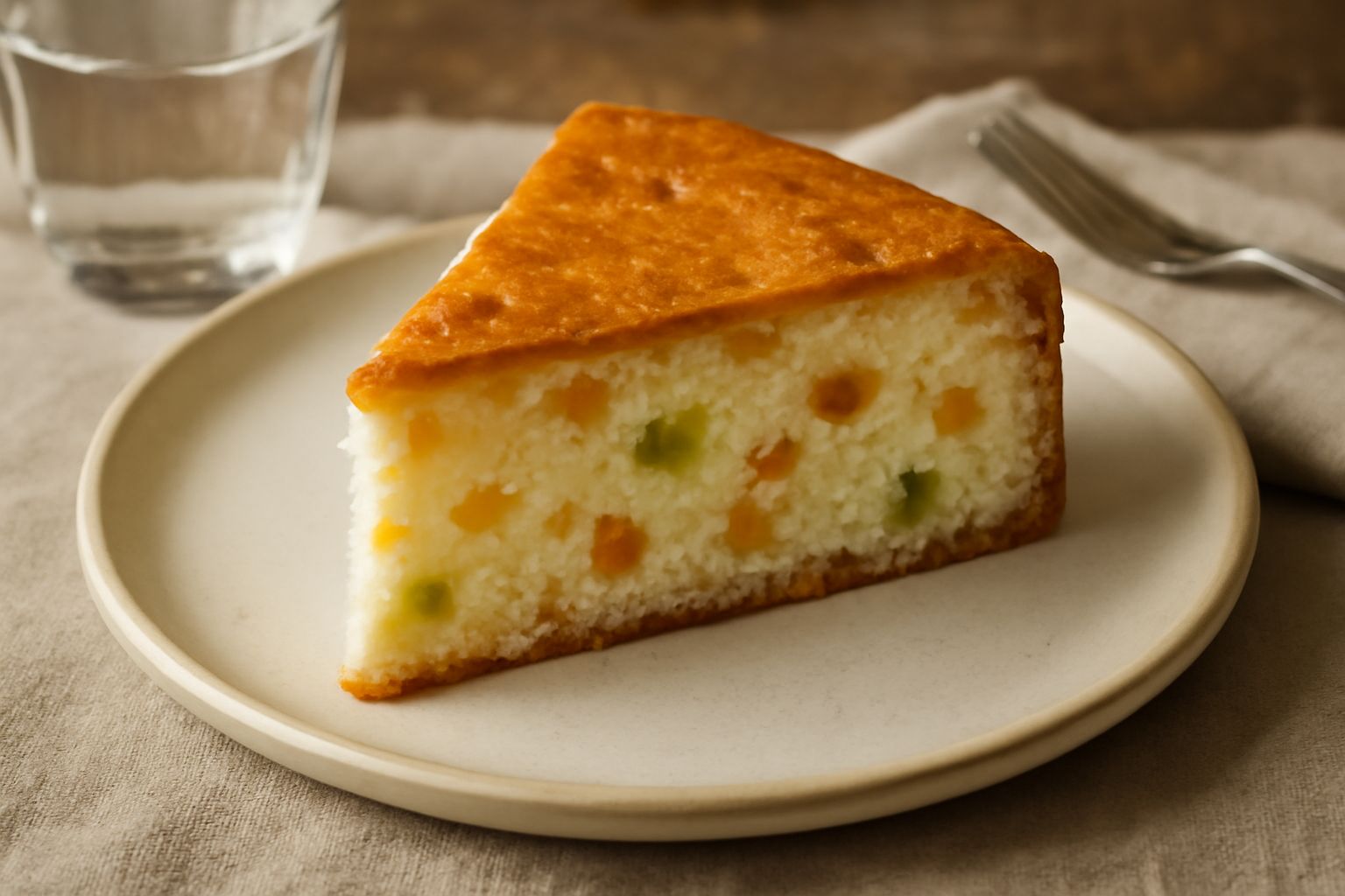 Torta di ricotta e canditi intera su un piatto bianco, dalla superficie liscia e dorata, con frutta candita colorata visibile in sezione, circondata da pezzi di canditi arancioni e verdi