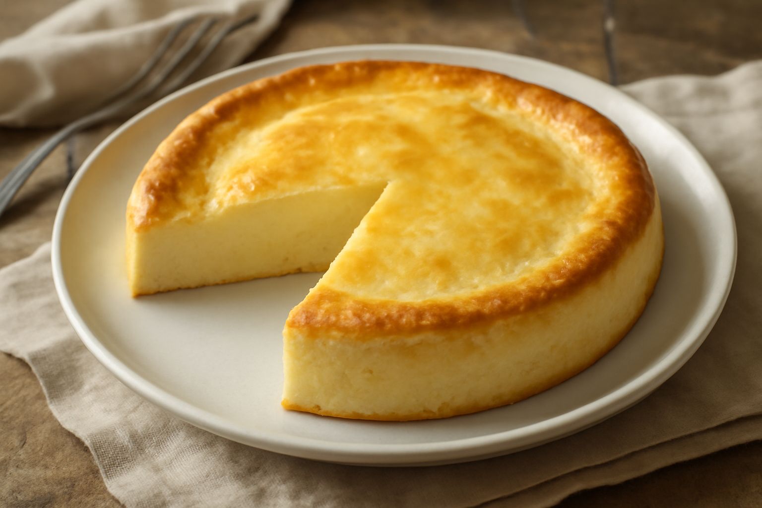 Torta di ricotta e formaggio intera su piatto bianco, superficie dorata e leggermente gonfia, tagliata a fetta con interno cremoso e compatto di colore giallo chiaro, decorata con zucchero a velo.