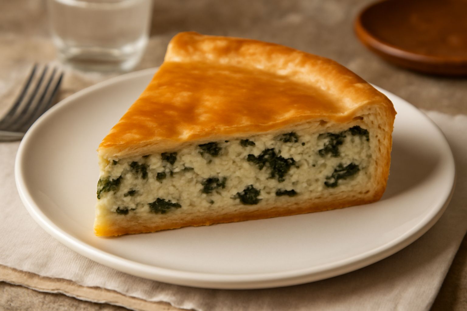 Torta di ricotta e scarole in piatto bianco, taglio triangolare che mostra l'interno: ricotta color crema mescolata a scarole verde scuro, pasta friabile dorata ai bordi, guarnizione di pepe nero maci