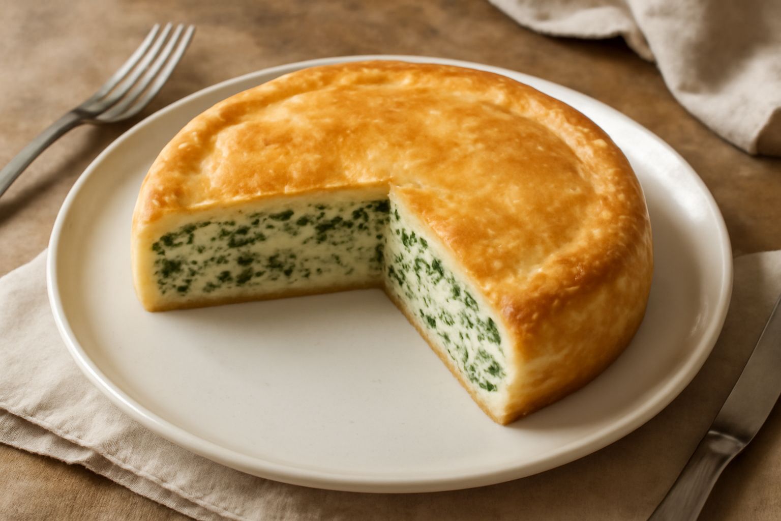 Torta di ricotta e spinaci affettata in un piatto bianco, con sezione interna di colore verde chiaro dalle verdure, pasta sfoglia dorata ai bordi, accompagnata da insalata fresca e un bicchiere di vin