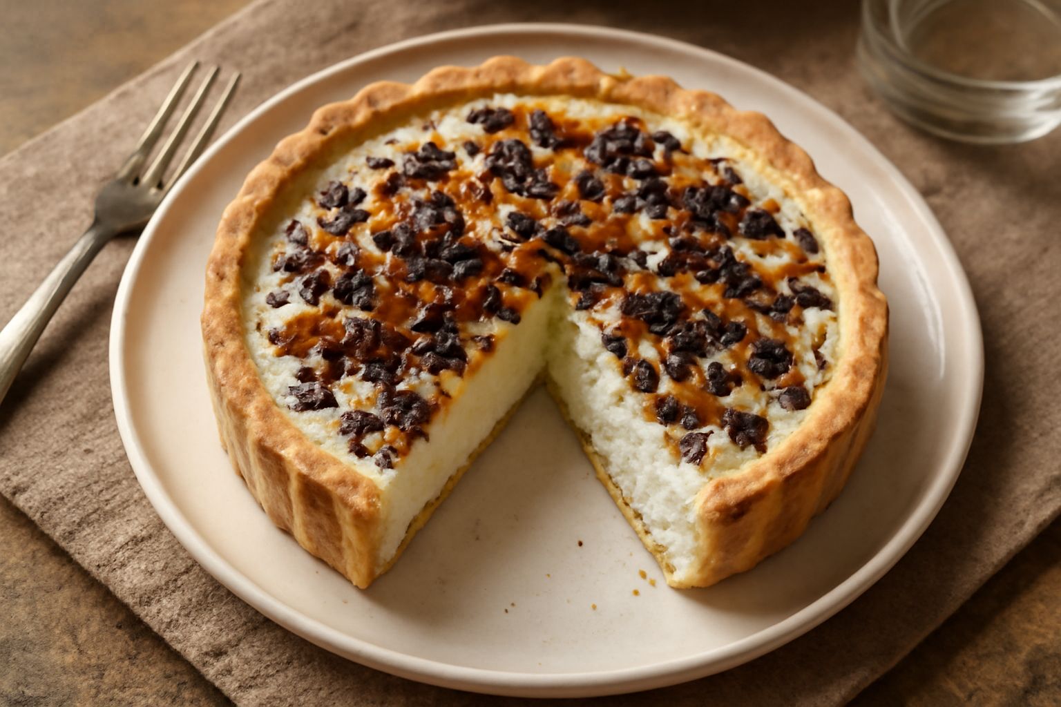 Torta di ricotta modicana intera con pasta croccante dorata, superficie piena di scaglie di cioccolato e frutta candita colorata, tagliata a spicchi su piatto da dessert con ricotta cremosa visibile i