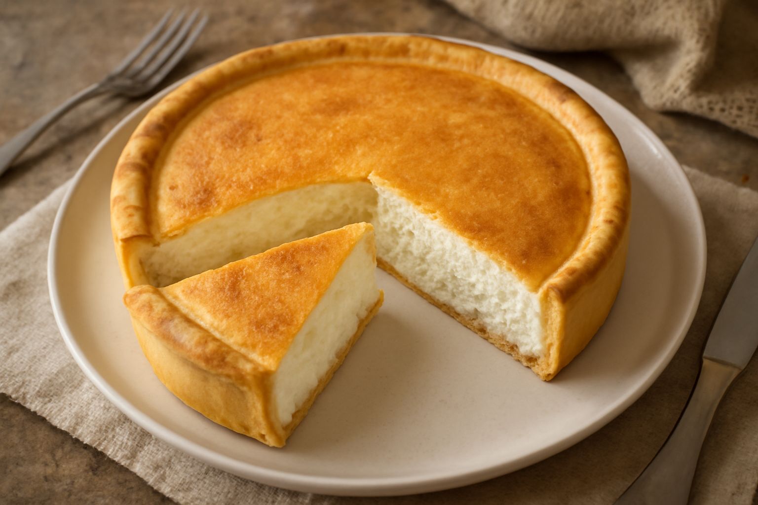 Torta di ricotta salata con superficie dorata e cremosa, sfogliatella sulla parte superiore, fetta tagliata che mostra l'interno bianco cremoso con granuli di formaggio, piatto bianco, fondo grigio ch