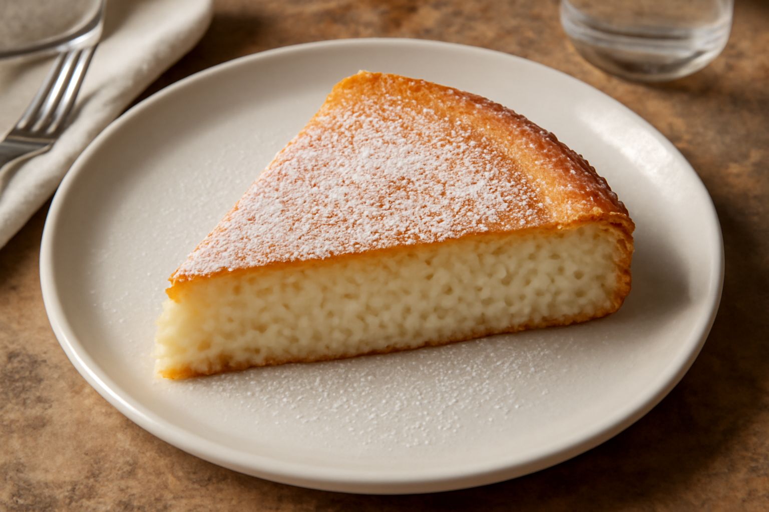 Torta di riso bergamasca intera su piatto bianco: sfoglia dorata e croccante all'esterno, sezione interna che mostra il ripieno cremoso con granuli di riso bianchi visibili, guarnizione di zucchero a 