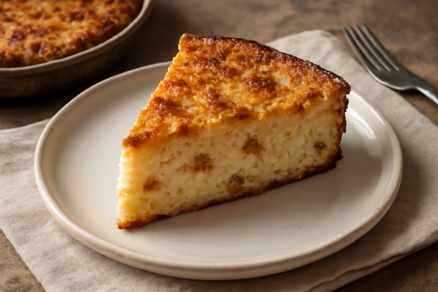 Torta di riso bresciana affettata su piatto bianco, sezione dorata e morbida, amaretti visibili dentro, superficie legermente dorata, contorno di panna montata leggera