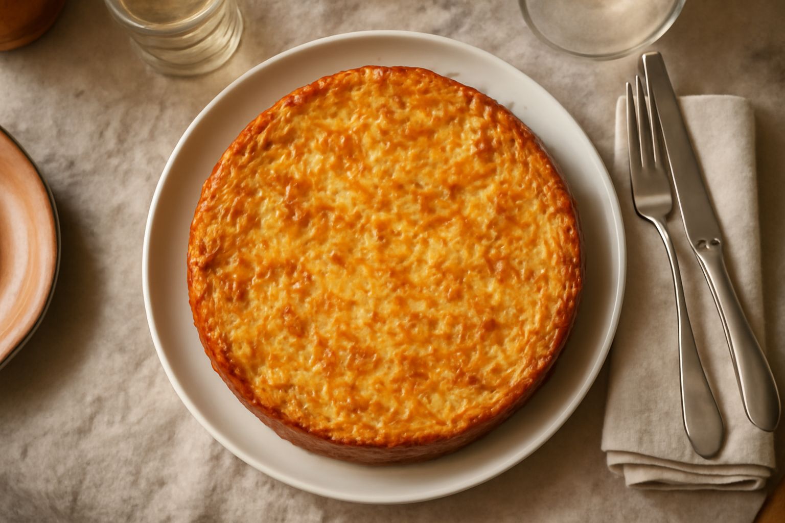 Torta di riso dallo spessore compatto, dorata in superficie, affettata su un piatto bianco con riso visibile all'interno e una forchetta in primo piano