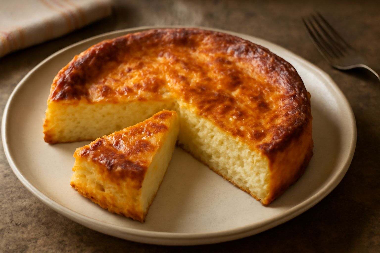 Torta di riso e formaggio appena sfornata, dorata in superficie, tagliata a fette con il cucchiaio che rivela l'interno cremoso e compatto di colore giallo chiaro, servita su piatto bianco con contorn