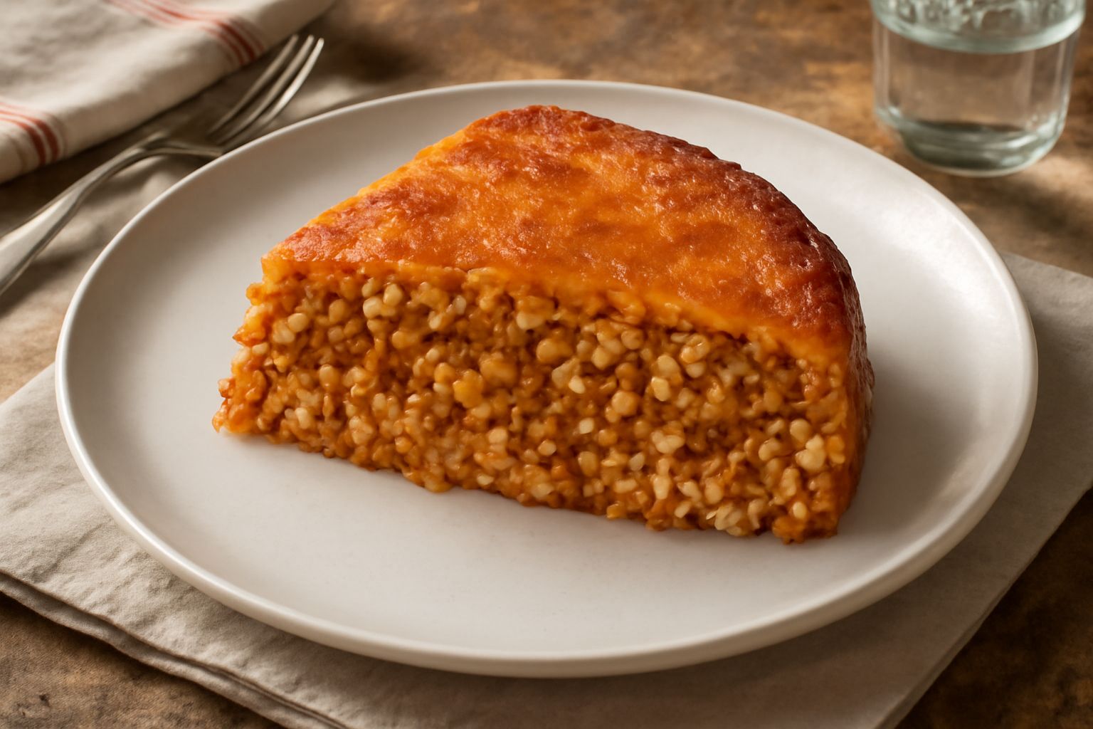Torta di riso e ragù appena sfornata in pirofila, dorata in superficie con una leggera gratinatura, tagliata a fette, ripiena di riso cremoso e ragù marrone scuro visibile nella sezione