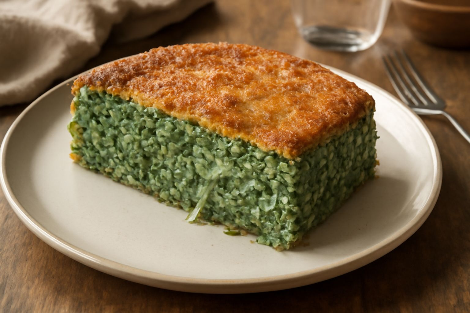 Torta di riso e spinaci tagliata a fette in un piatto bianco, con superficie dorata e croccante, interno cremoso di color verde salvia, guarnita con parmigiano grattugiato e spinaci freschi