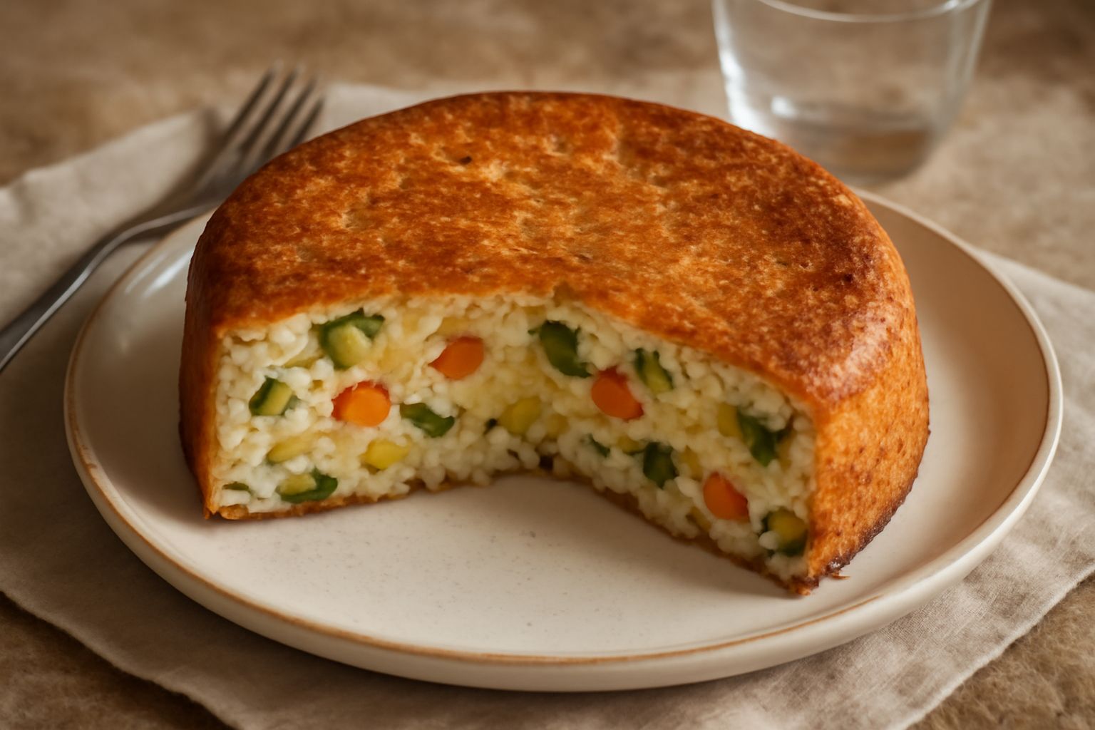 Torta di riso e verdure tagliata a fette in un piatto bianco, con superficie dorata e croccante, si vedono zucchine verdi, carote arancioni e piselli gialli all'interno, servita con insalata fresca ai