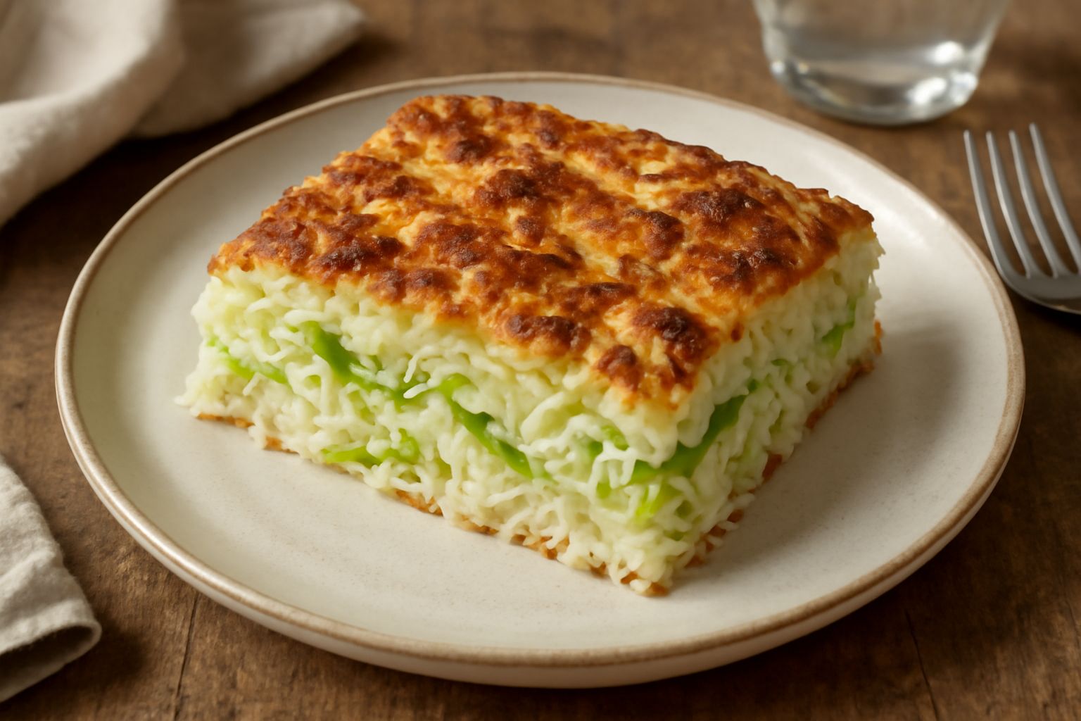 Torta di riso e verza tagliata a fette in un piatto bianco. La crosta è dorata, l'interno mostra chicchi di riso bianchi e strisce verde scuro della verza. Una fetta è leggermente fuori dal piatto.