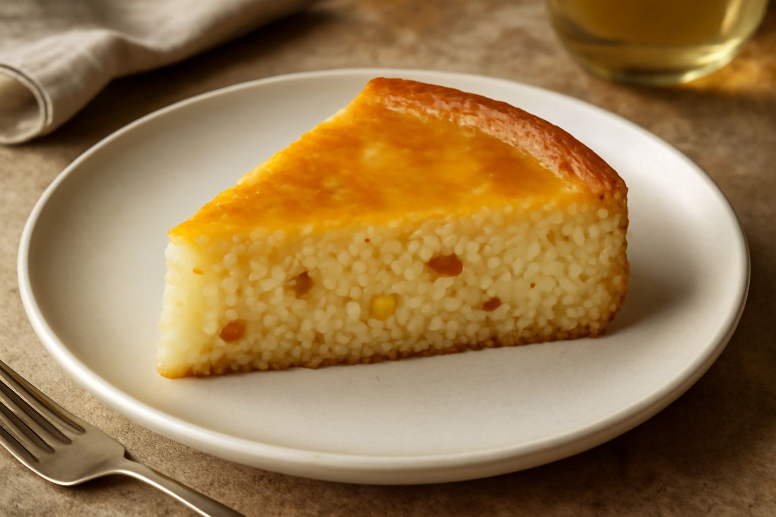 Torta di riso ferrarese intera in piatto bianco, sezione visibile che mostra l'interno cremoso color avorio con granuli di riso visibili, superficie dorata e liscia, canditi colorati distribuiti unifo