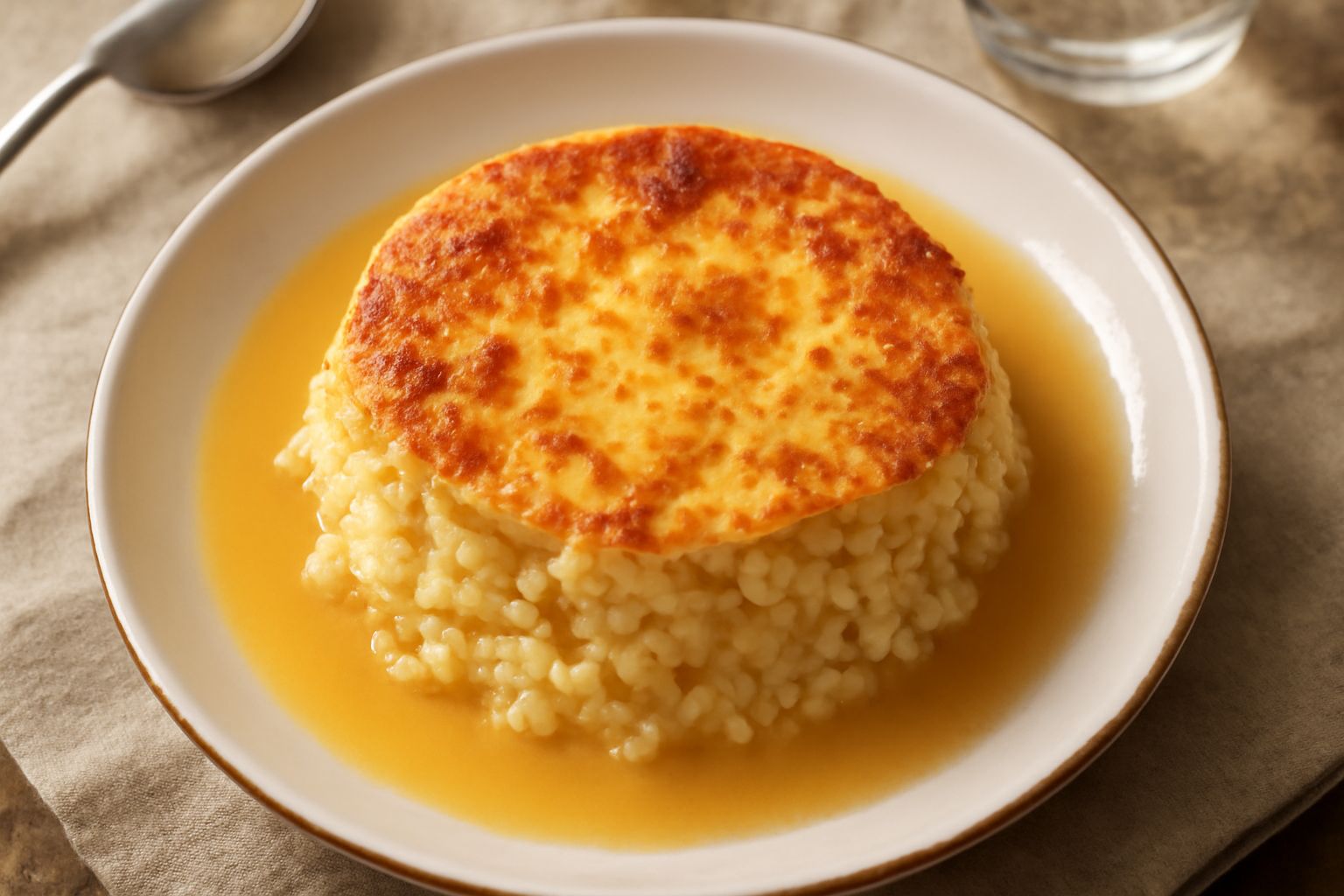 Torta di riso in brodo servita in piatto bianco, superficie dorata e leggermente gonfia, vapore che sale, contorno di brodo leggero nel piatto