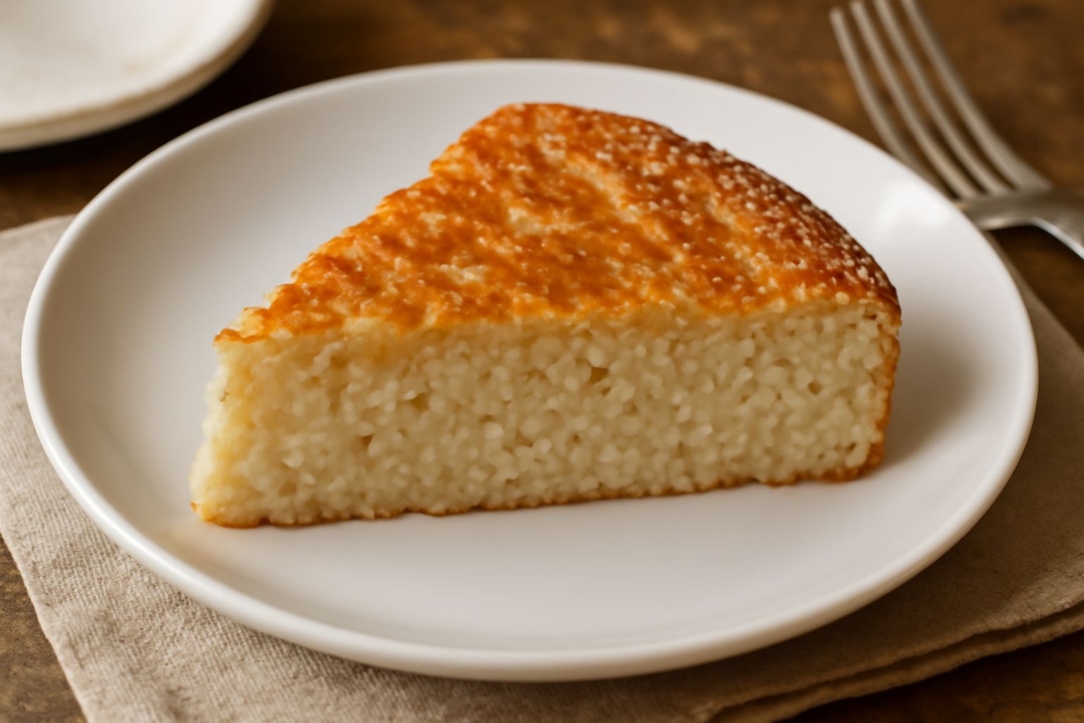 Torta di riso integrale dorata e soffice affettata in un piatto bianco, con una fetta che mostra l'interno cremoso e compatto, guarnita da mandorle affettate e servita con una tazza di tè