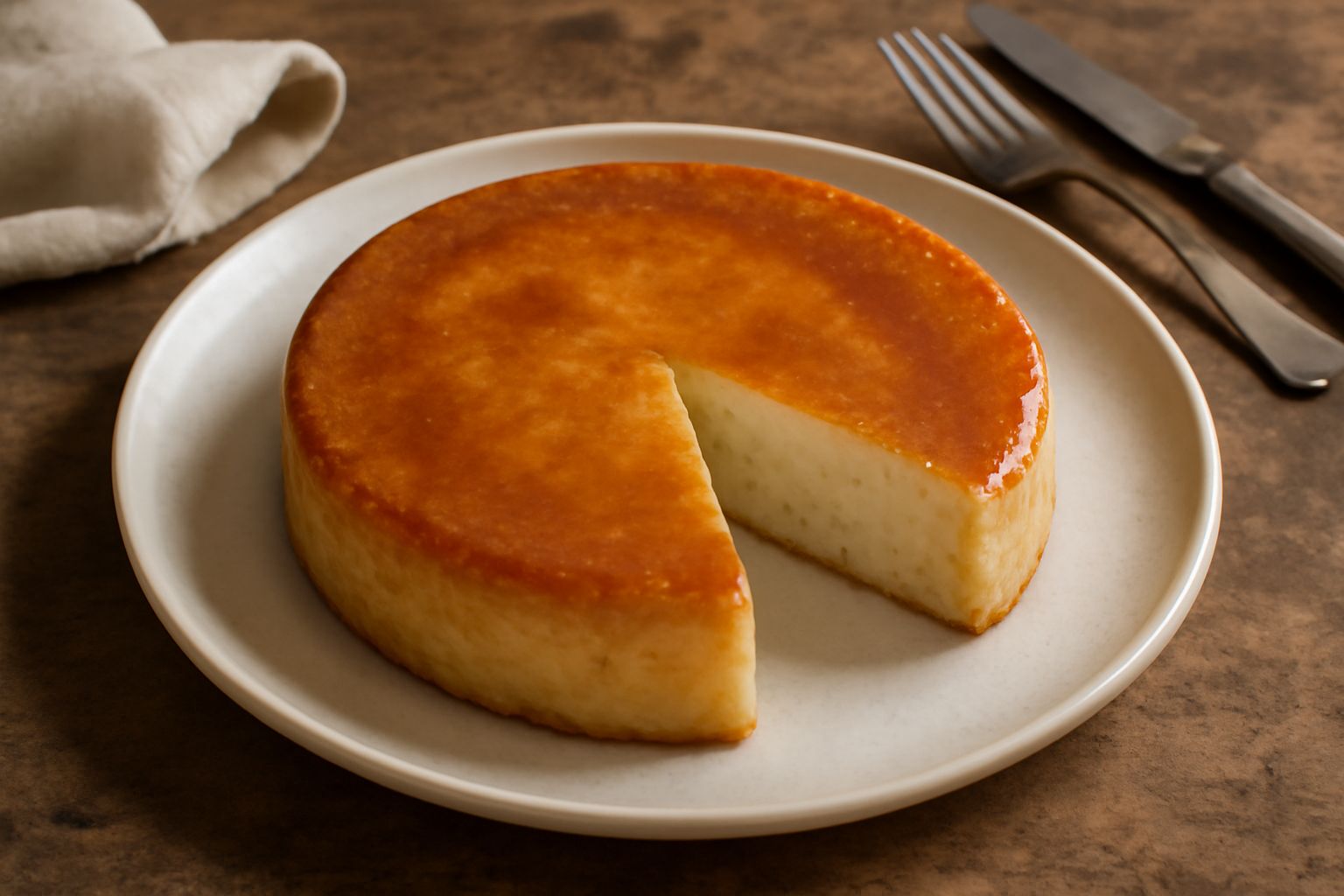 Torta di riso ligure intera su piatto bianco, superficie dorata con glassa zuccherata, contorno di pinoli tostati, fetta di torta ben visibile che mostra la crema densa e compatta all'interno, colore 