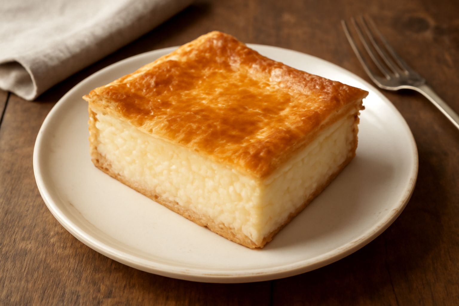 Torta di riso mantovana intera su piatto bianco, con superficie dorata e leggermente gonfia, tagliata a metà per mostrare l'interno cremoso e compatto di colore avorio con granelli di riso visibili