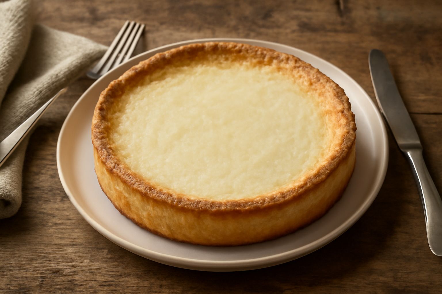 Una fetta di torta di riso marchigiana con interno cremoso bianco panna e crosta dorata, servita su piatto bianco con bordo di zucchero grosso visibile