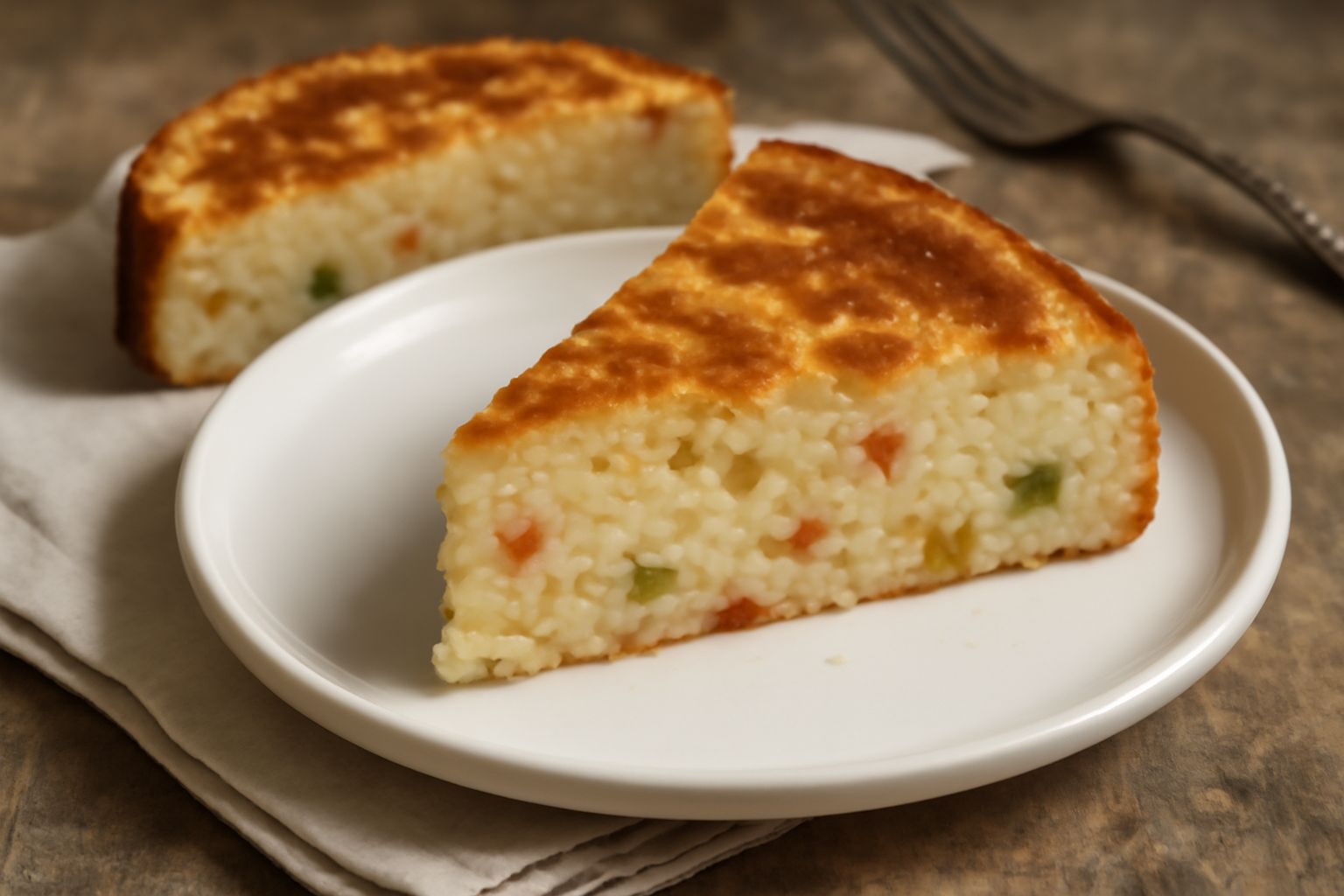 Torta di riso pavese intera in pirofila di ceramica beige, superficie dorata e ondulata, decorata con canditi rossi e gialli visibili, pronta da servire a fette