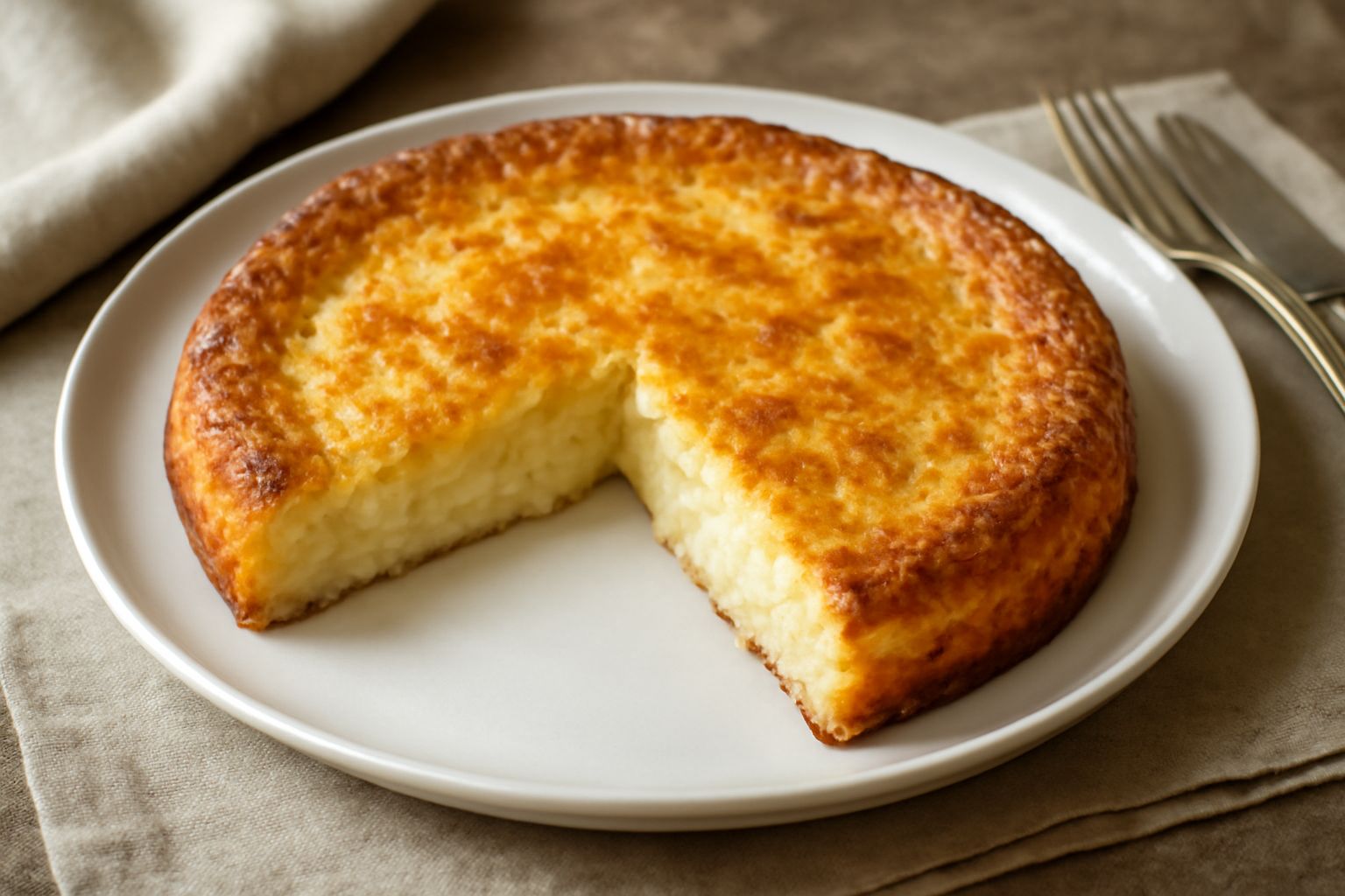 Torta di riso trentina in un piatto bianco, con superficie dorata e lievemente gonfia, taglio che mostra l'interno morbido con grani di riso visibili, circondato da un contorno di crema pasticcera leg