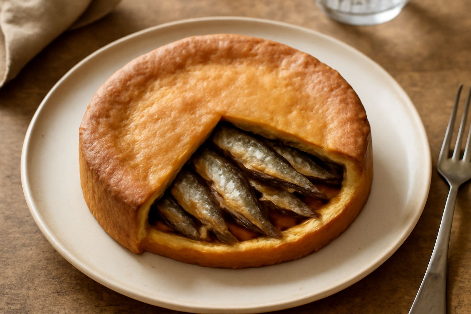 Torta di sarde tagliata a fette su piatto bianco, con pasta frolla dorata e croccante, ripieno visibile di sarde fritte e miele, superficie leggermente lucida dal miele, guarnizione di zucchero semola