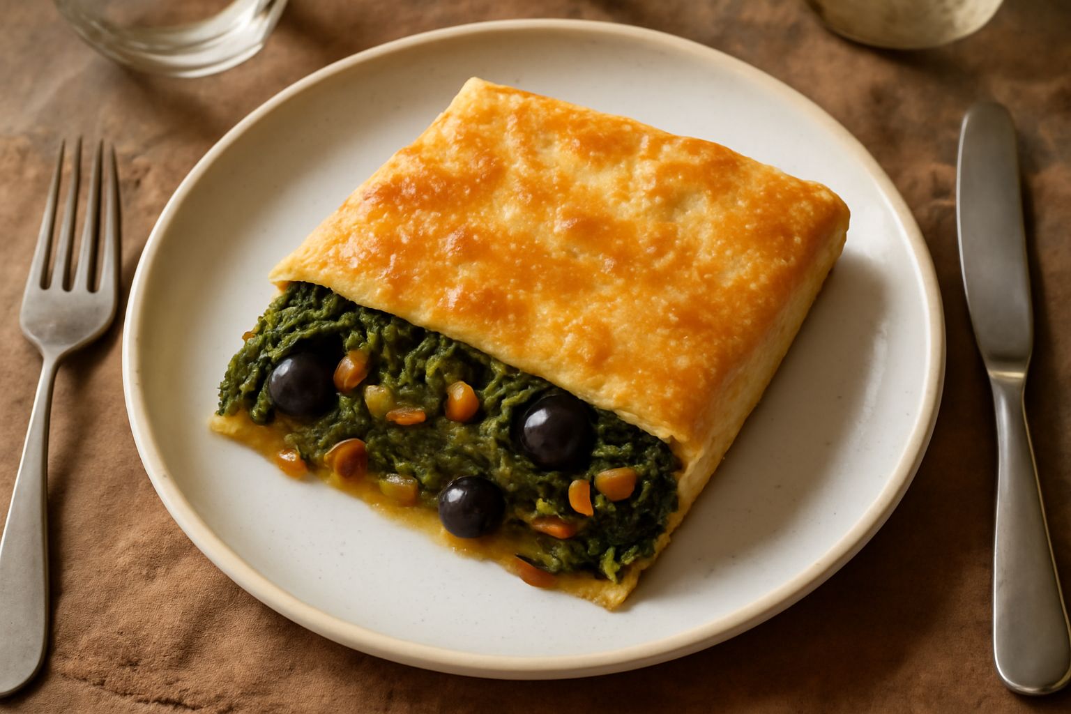 Torta di scarola tagliata a spicchi su piatto bianco, mostrando la pasta dorata croccante all'esterno e il ripieno verde di scarola con olive nere visibili