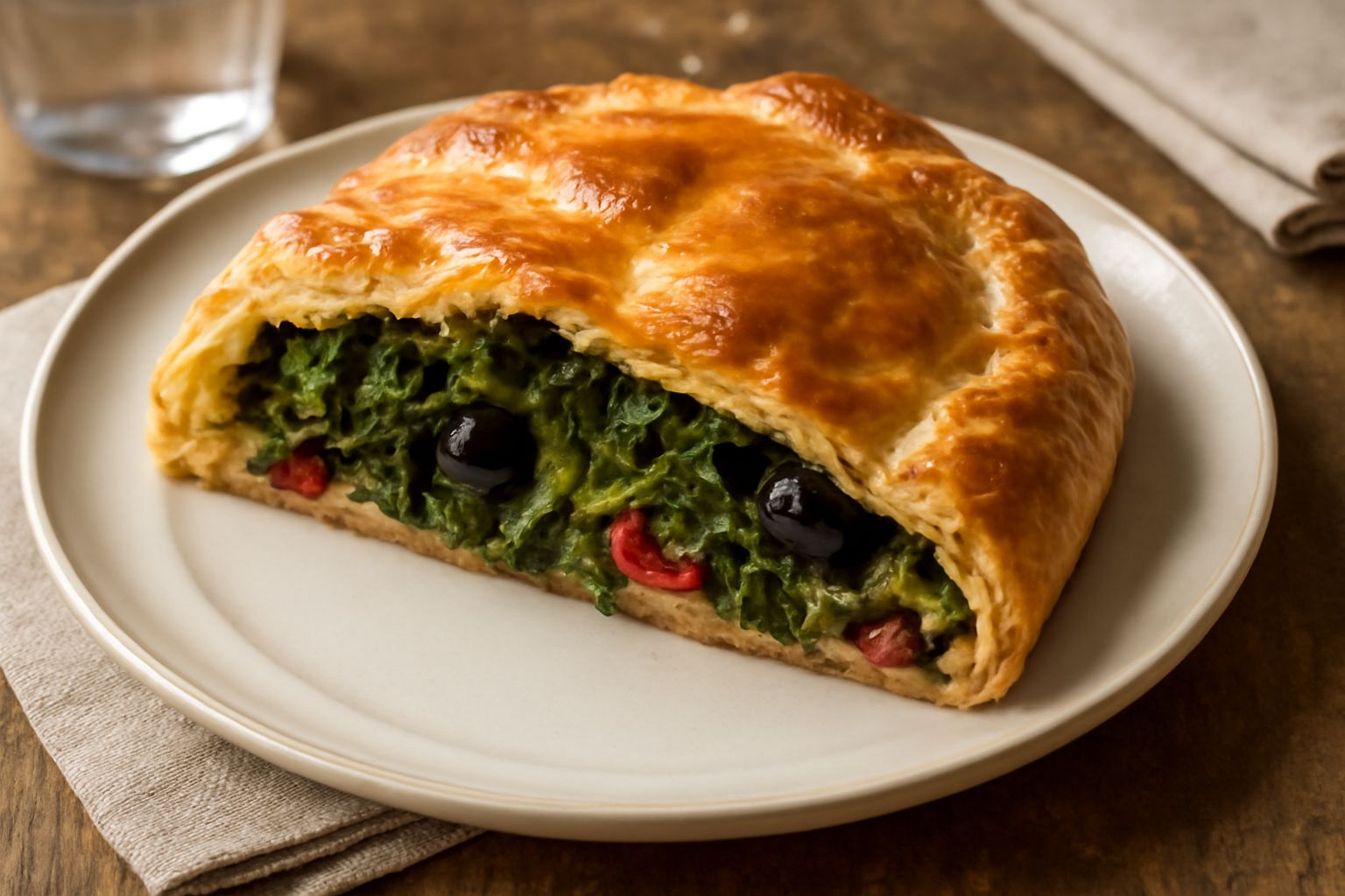 Torta di scarola e olive appena sfornata, pasta sfoglia dorata e croccante, con profilo irregolare, olive nere visibili dal taglio trasversale, servita su piatto bianco con contorno di pane tostato