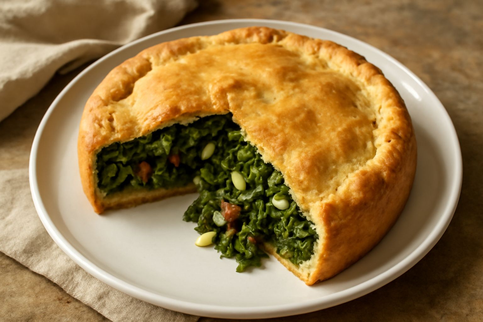 Torta di scarole appena sfornata, con crosta dorata e croccante, tagliata in una fetta che mostra il ripieno verde di scarole miste a pinoli e uvetta, servita su un piatto bianco