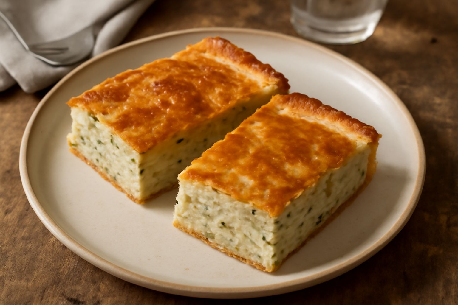 Torta di sedano rapa intera tagliata in fette, con pasta dorata croccante in superficie, ripieno di sedano rapa cremoso e mantecato, guarnita con prezzemolo fresco, su piatto bianco con coltello in ba