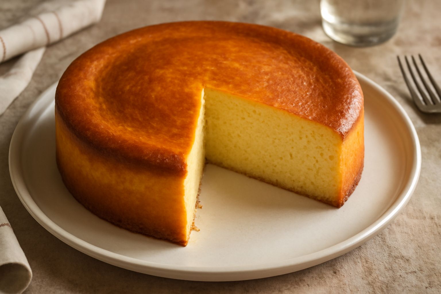 Torta di semola di forma rotonda, superficie dorata e leggermente cremosa, tagliata a fette triangolari, servita in un piatto bianco con un bordo di zucchero a velo