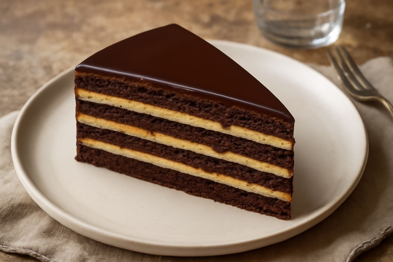 Torta di sette veli tagliata a fette, che mostra gli strati alternati di biscotti scuri, crema gialla e cioccolato fondente, servita su un piatto bianco con un cucchiaio accanto