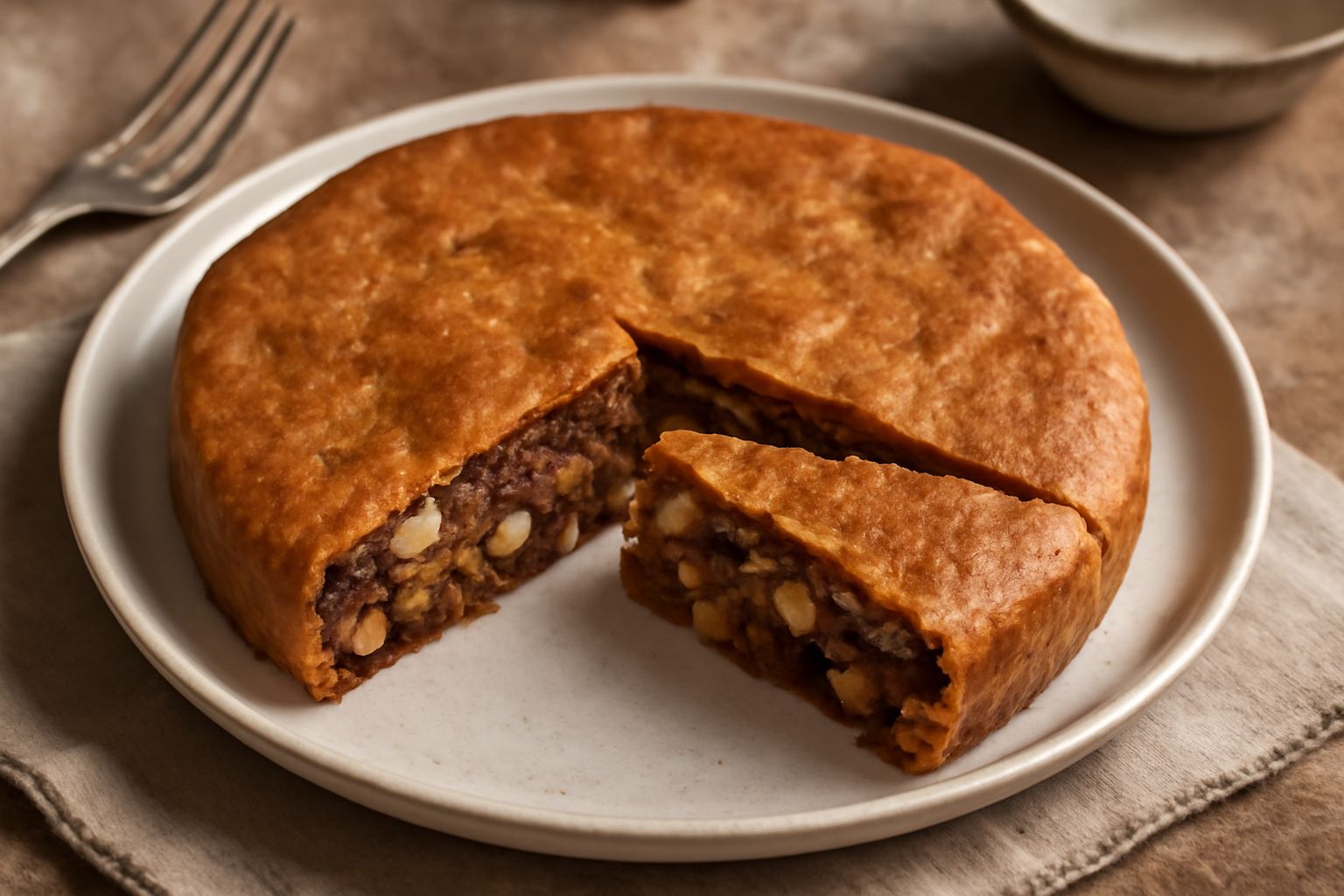 Torta di Siena intera su un piatto bianco, superficie dorata e leggermente incrinata, con mandorle e frutta secca visibili, fette disposte accanto mostrando l'interno denso e scuro