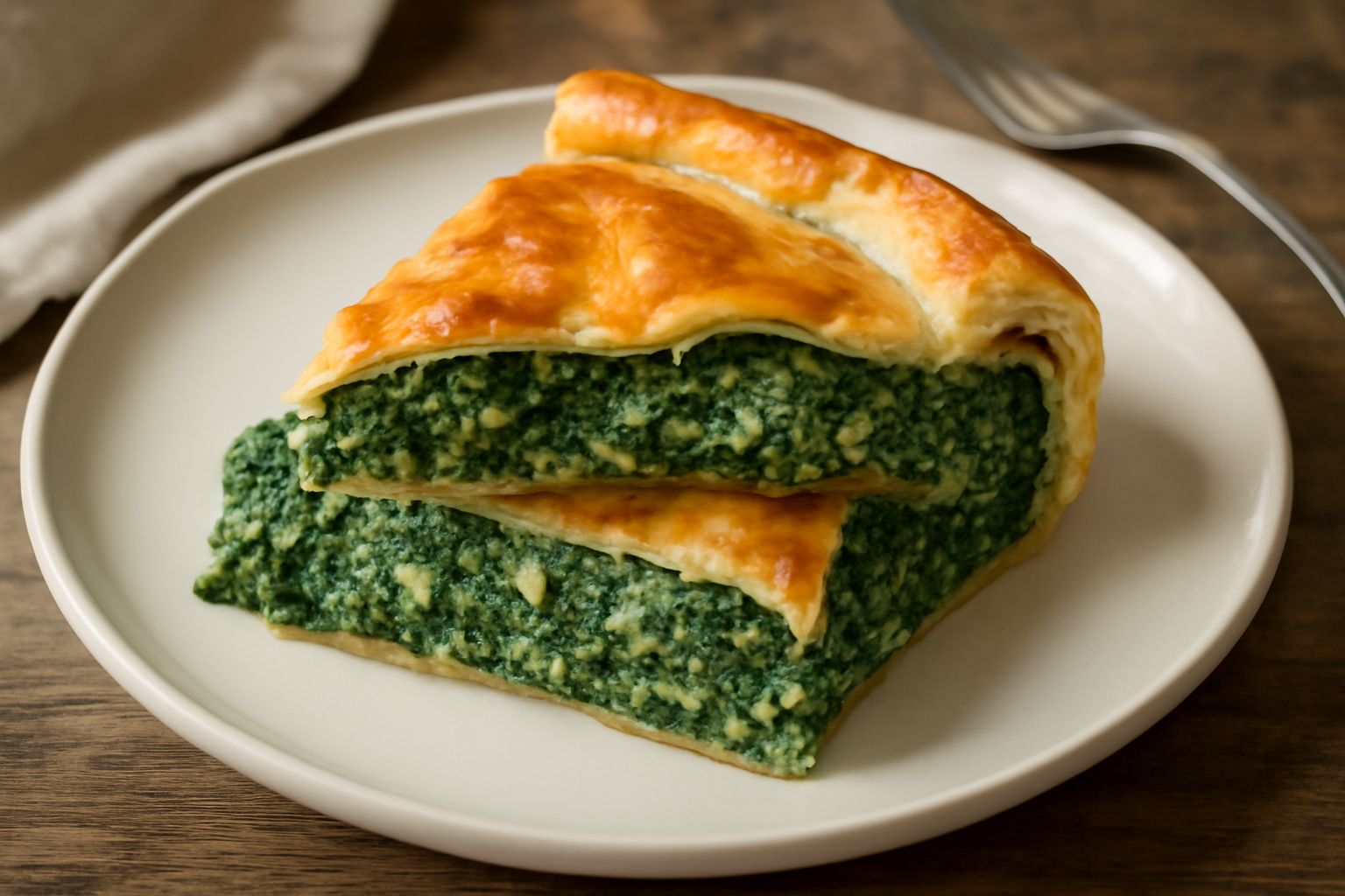 Torta di spinaci dorata e croccante in teglia rettangolare, fette squadrate di colore verde scuro con ricotta bianca che affiora tra gli strati, bordi caramellati, piatto bianco in primo piano