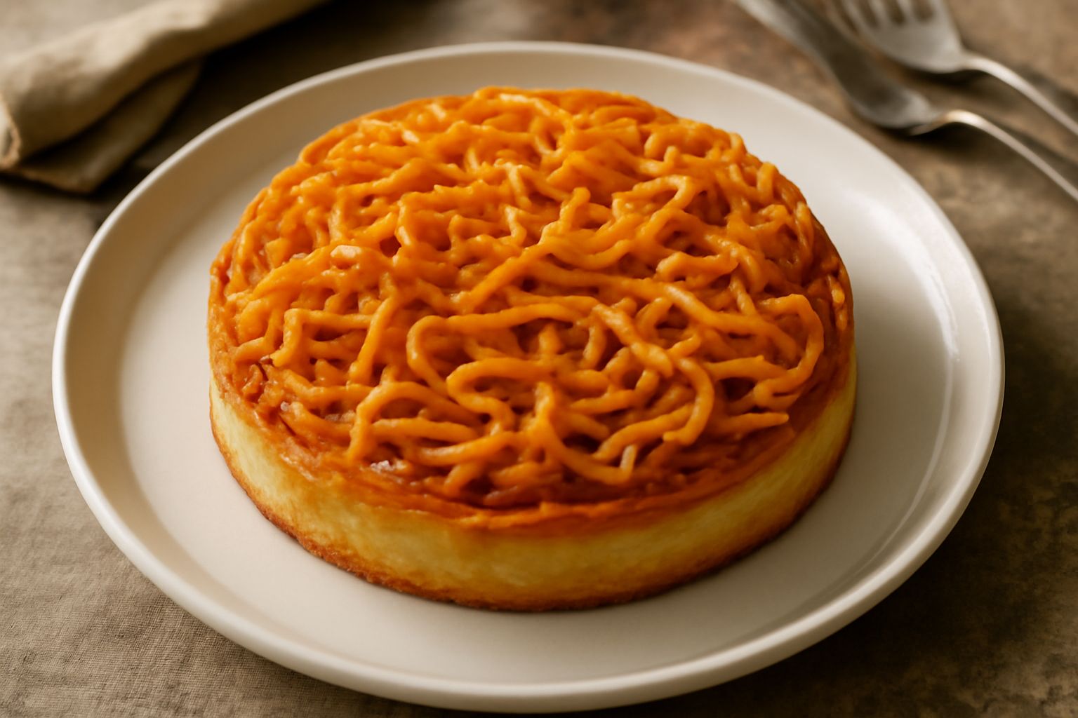 Torta di tagliatelle rotonda vista dall'alto, superficie dorata e lucida con i contrasti tra la sfoglia croccante inferiore e le tagliatelle caramellate intrecciate, guarnita con zucchero a velo parzi