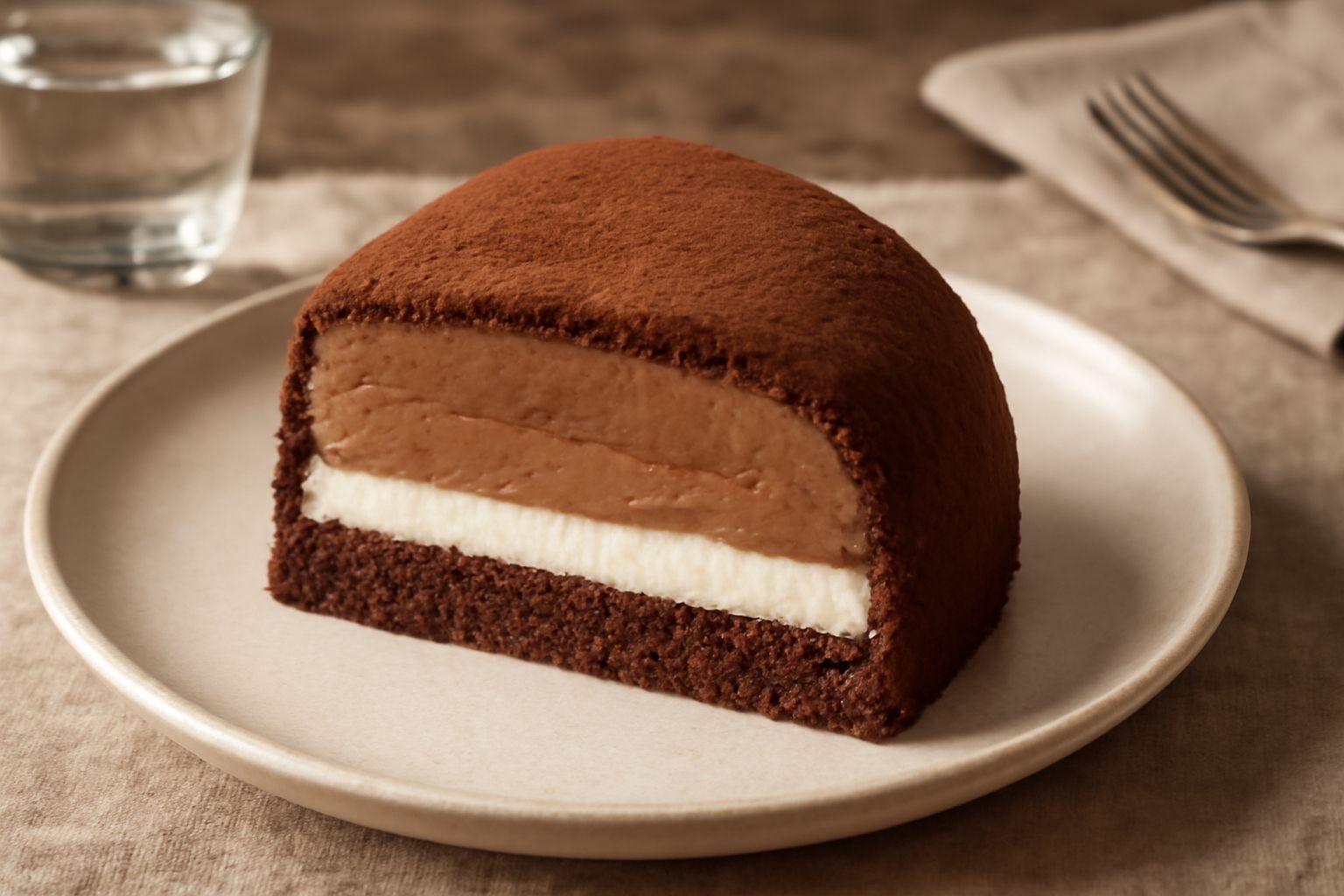 Torta di tartufo bianco a forma cilindrica, ricoperta di cacao in polvere scuro, con superficie liscia e lucida, affettata per mostrare l'interno cremoso a strati, su piatto bianco con forchetta