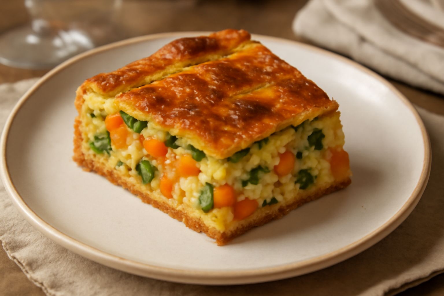 Torta di verdure di stagione tagliata a fette, impasto dorato croccante, verdure colorate visibili dentro (zucchine gialle, zucca arancione, porri bianchi), servita su un piatto bianco con insalata ve
