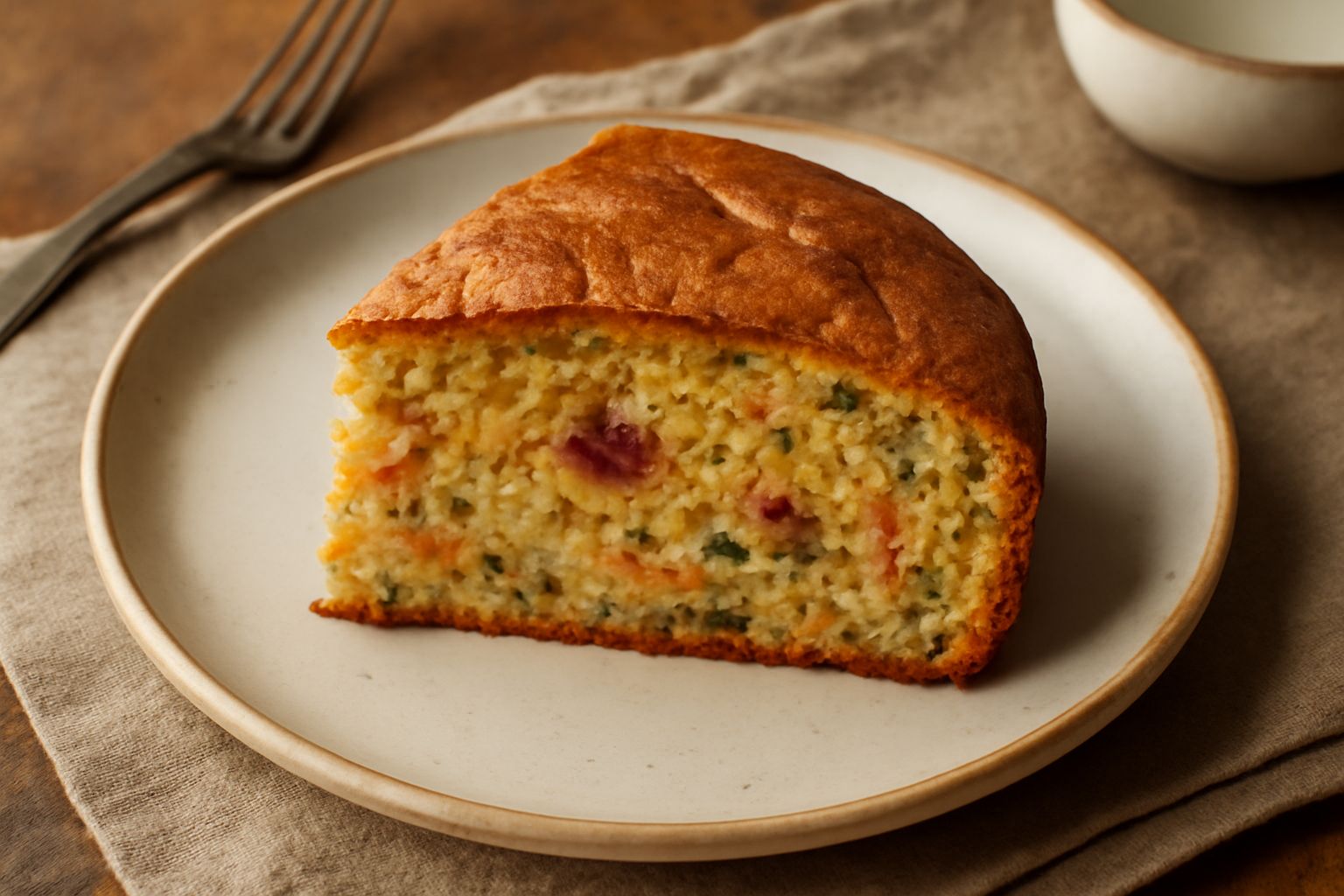 Torta di verdure dolce a fette, con crema di ricotta in superficie, colore arancione-marrone delle verdure visibile nell'impasto, guarnita con carote candite, in piatto bianco.