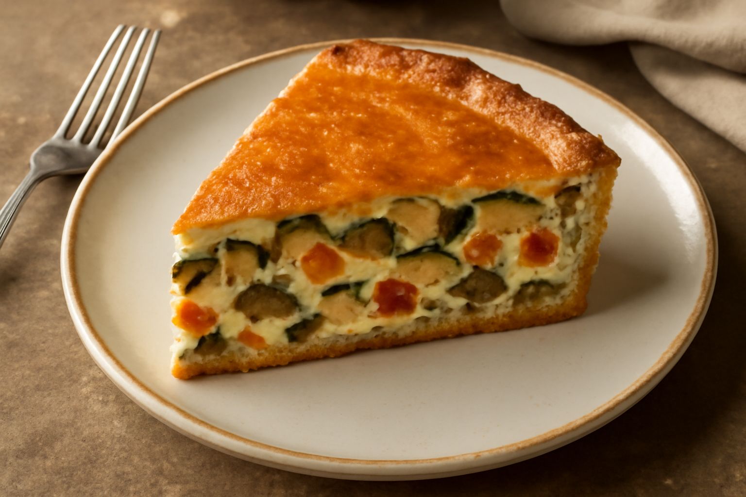 Torta di verdure e formaggio ancora calda, dorata in superficie con crosticina croccante, affettata in quadrati regolari, ripieni visibili di melanzane, zucchine, peperoni e ricotta, servita su piatto