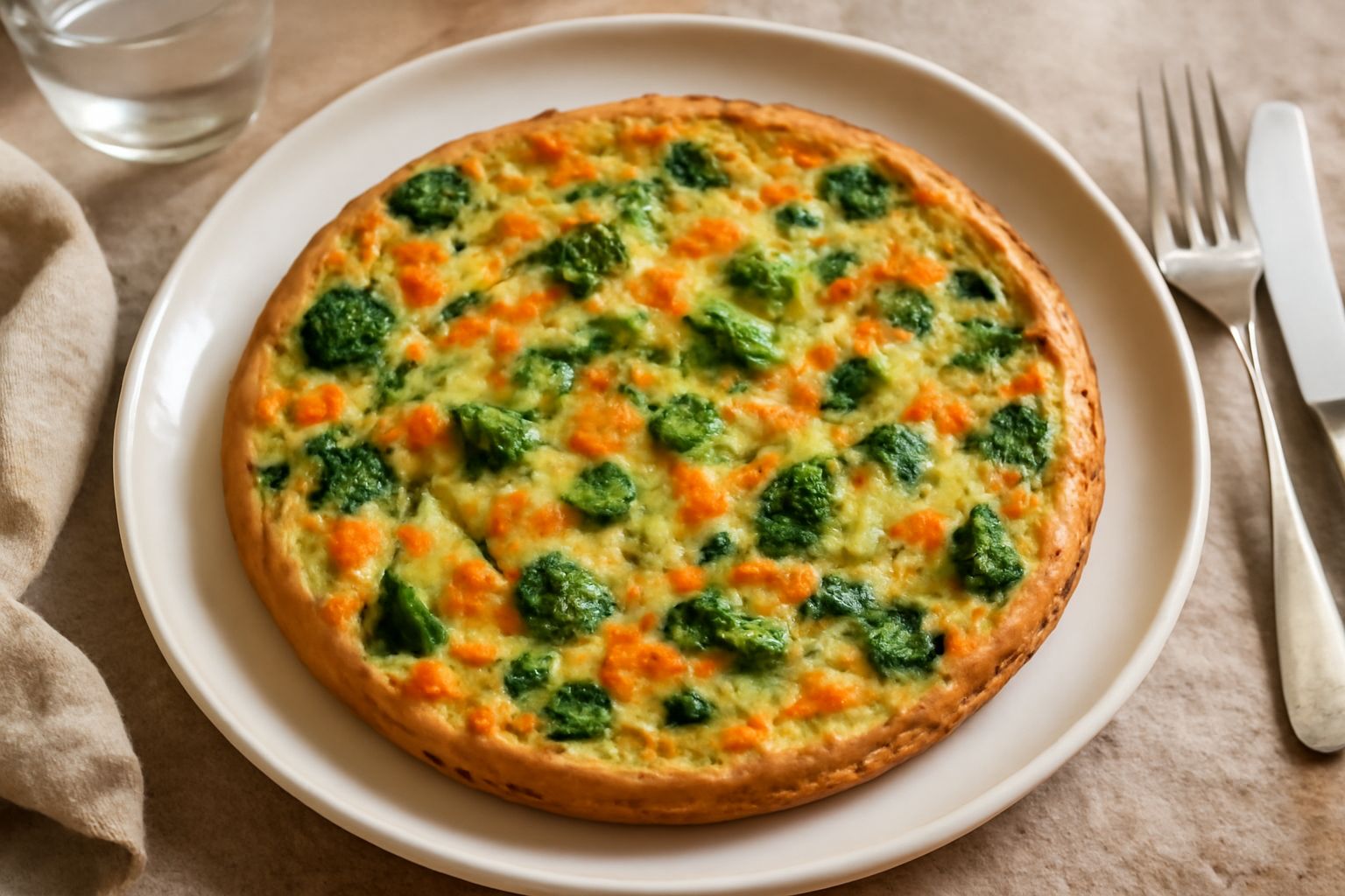 Fetta di torta di verdure dorata, ancora calda, con visibili zucchine, carote e spinaci all'interno, su un piatto bianco