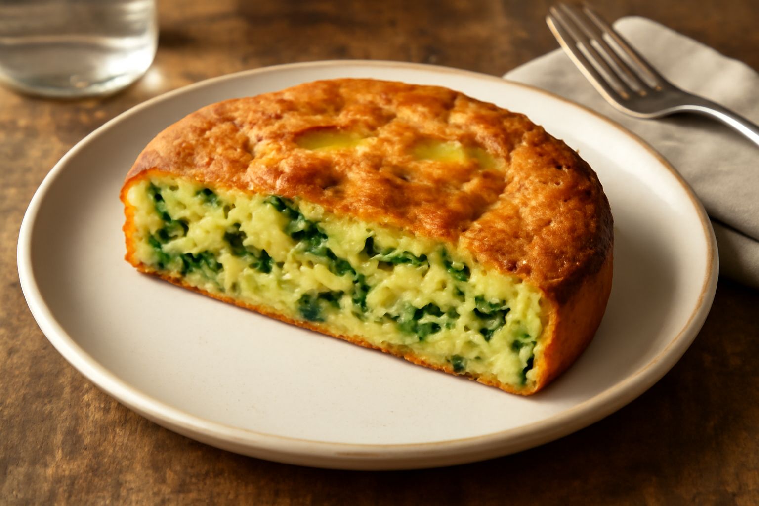 Fetta di torta di verdure pisana dorata e umida con bordi leggermente scuri, verdure verdi visibili nella sezione trasversale, servita su piatto bianco con contorno di insalata fresca