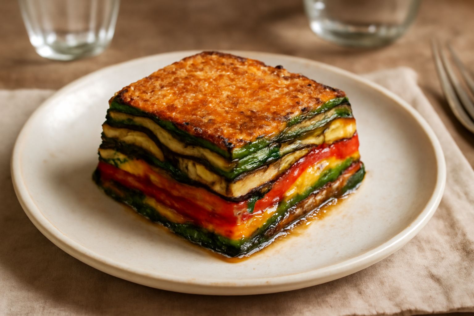 Torta di verdure sott'olio tagliata a fette quadrate: strati visibili di zucchine grigliate verde scuro, melanzane marrone violaceo e peperoni rossi alternati, fondo dorato di parmigiano grattugiato, 