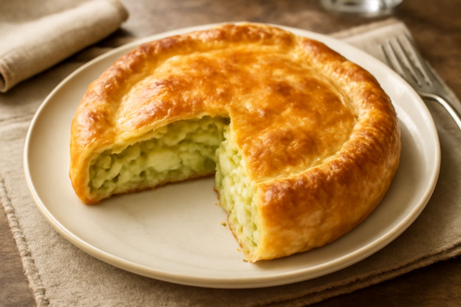 Torta di verza appena uscita dal forno, sfoglia dorata e gonfia ai bordi, sezione aperta che mostra il ripieno di verza verde morbida mista a ricotta bianca e formaggio fuso