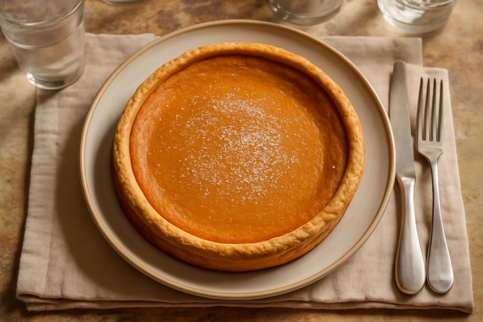 Torta di zucca intera su piatto bianco, superficie dorata e leggermente gonfia, con una fetta tagliata che mostra l'interno arancione morbido e omogeneo, guarnita con polvere di cannella